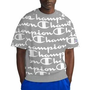 CHAMPION LIFE Sweatshirt All Over Script Logo Fleece Short Sleeve Grey MEDIUM